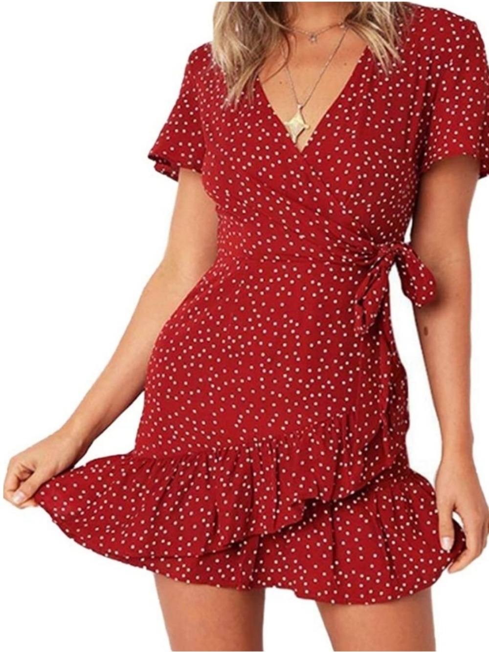 Naggoo Women’s Red Polka Dot Wrap Mini Dress with Ruffled Hem SZ Medium